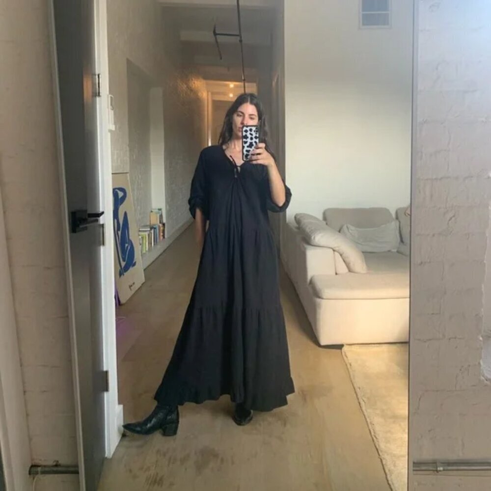 LACAUSA 100% Cotton Black Midi Dress Size XL boho laggenlook chic cottage retro - Picture 4 of 15